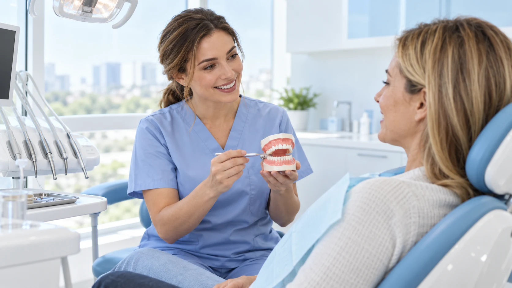 Odontóloga conversando con una paciente adulta